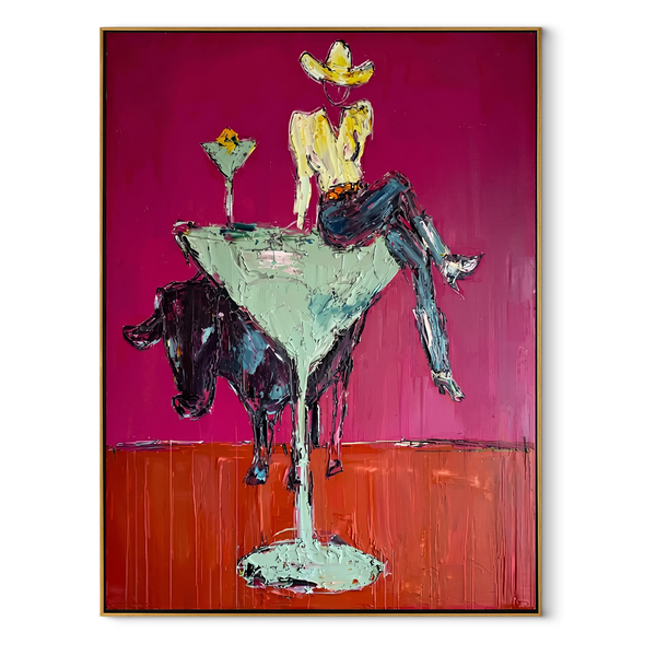 Mint Glass Lifts Gold – Cowgirl Cocktail Glass Painting | Contemporary Western Vertical Wall Art