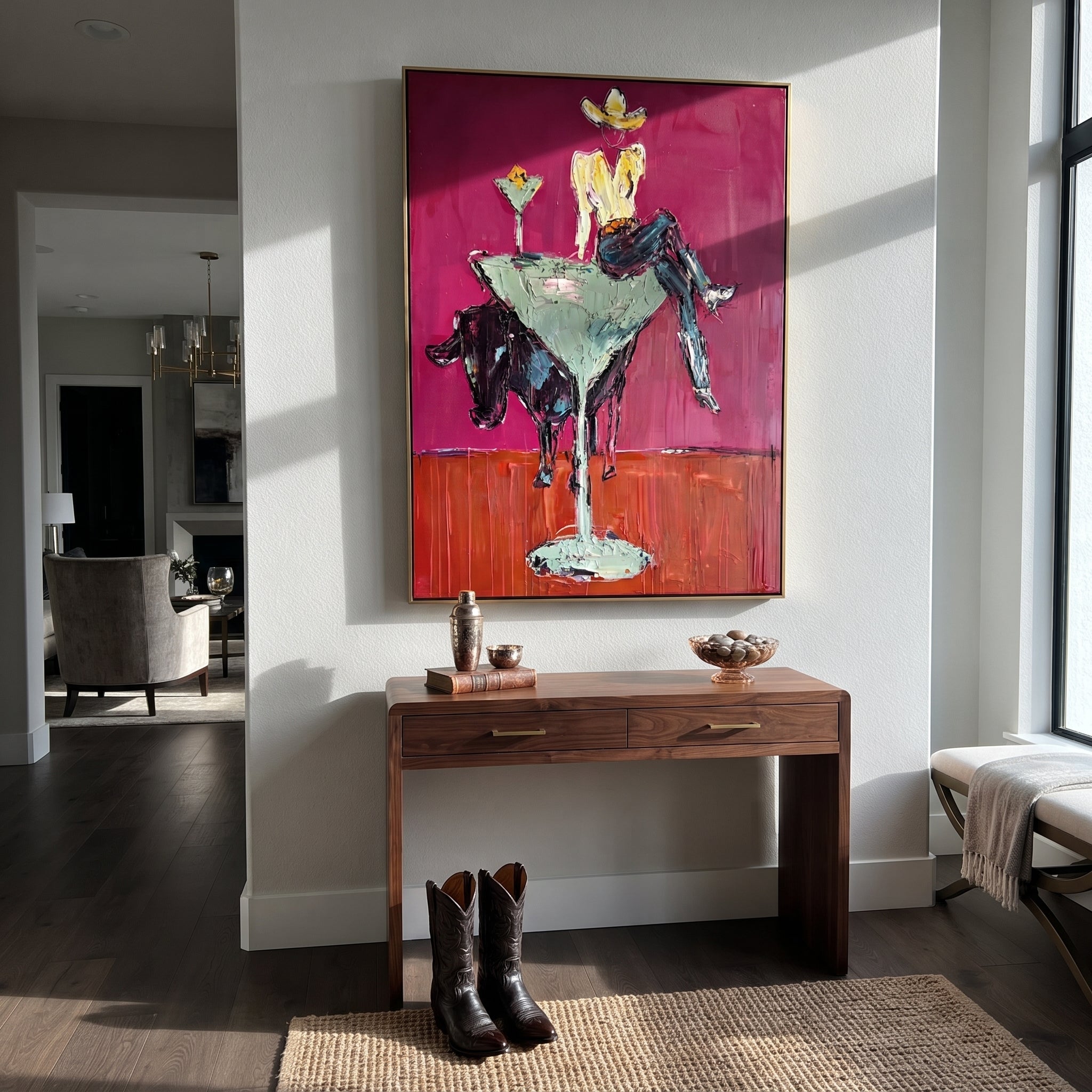 Mint Glass Lifts Gold styled with wood, linen, and modern decor