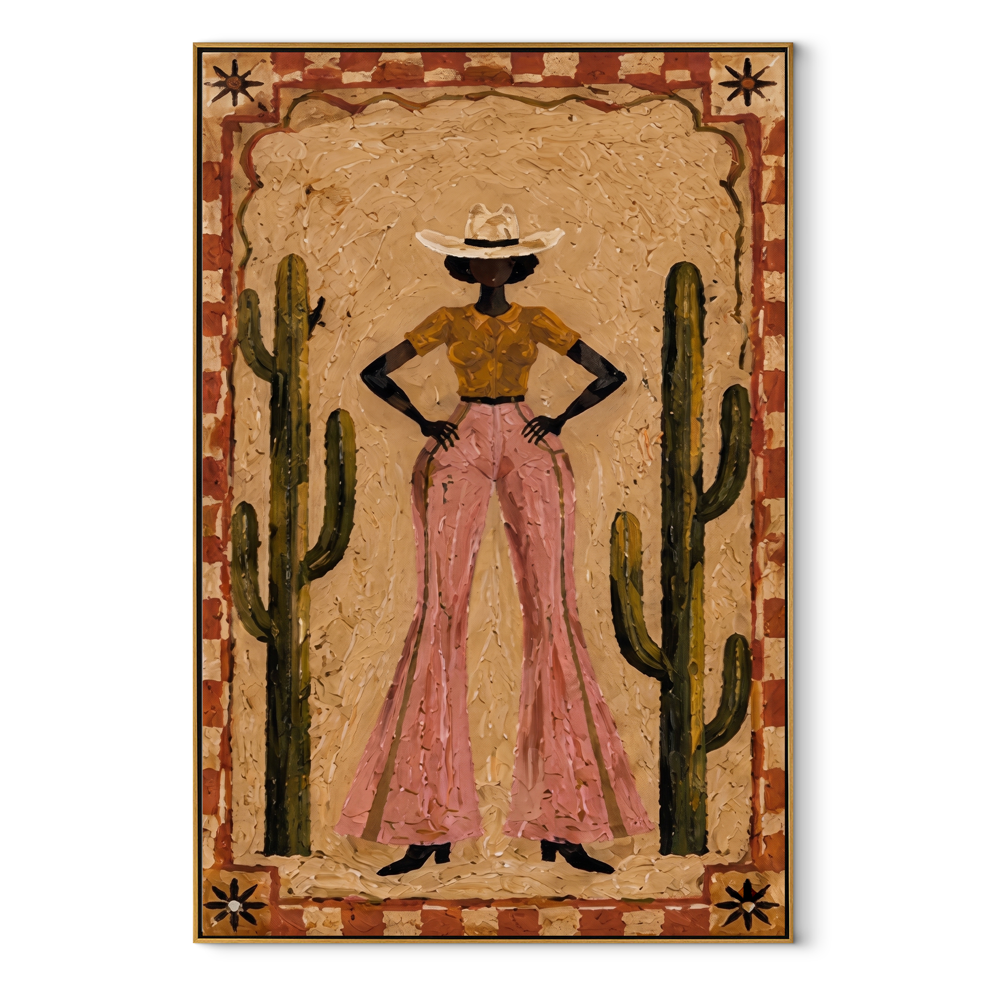 Cactus Walls Guard Rose Western figurative painting, vertical canvas artwork