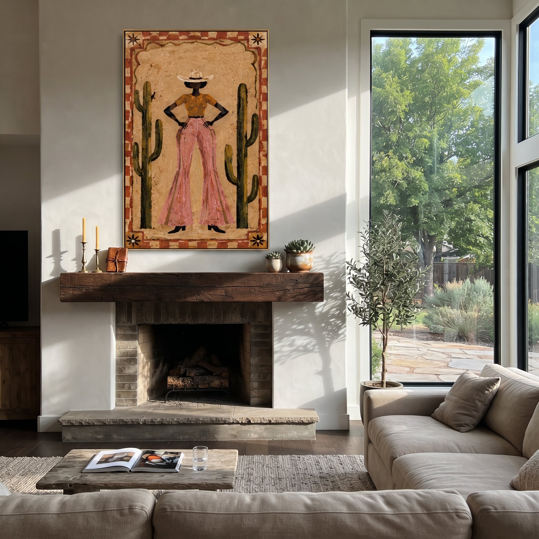 Cactus Walls Guard Rose styled with wood, linen, and modern decor