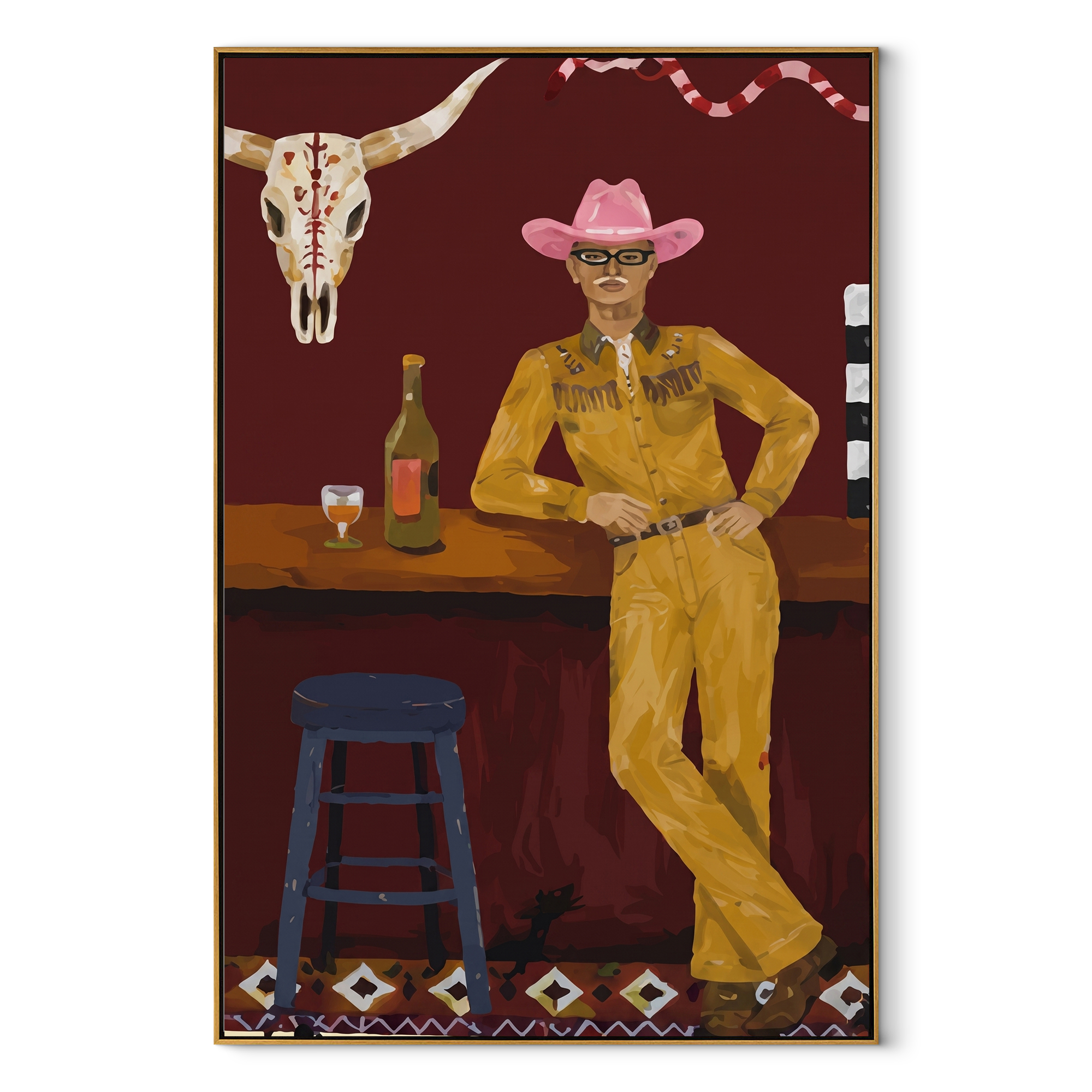 Yellow Suit Waits Bar Western figurative painting, vertical canvas artwork