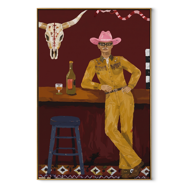Yellow Suit Waits Bar – Cowboy Western Bar Painting | Contemporary Western Vertical Wall Art