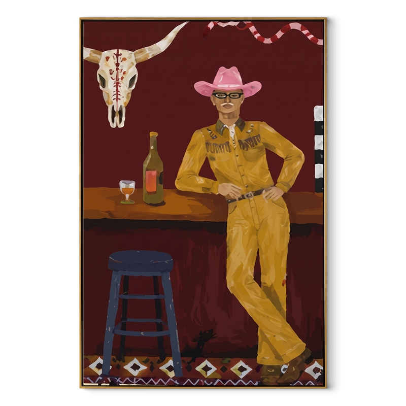 Yellow Suit Waits Bar – Cowboy Western Bar Painting | Contemporary Western Vertical Wall Art