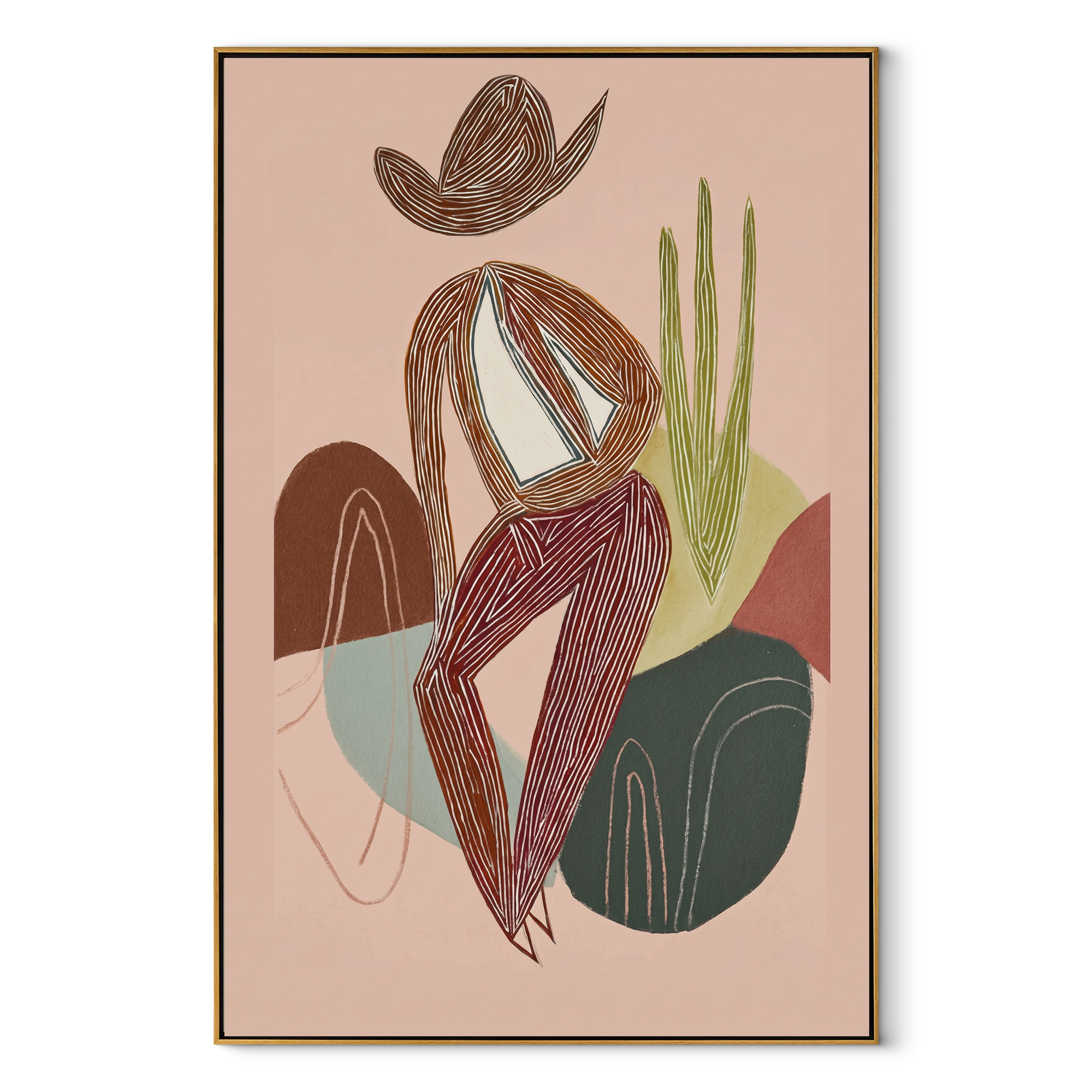 Striped Figure Holds Thought Western figurative painting, vertical canvas artwork