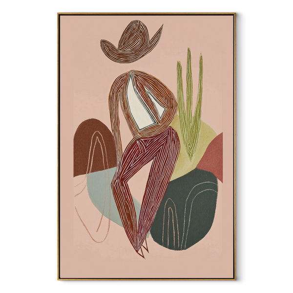 Striped Figure Holds Thought – Minimal Seated Figure Painting | Contemporary Western Vertical Wall Art