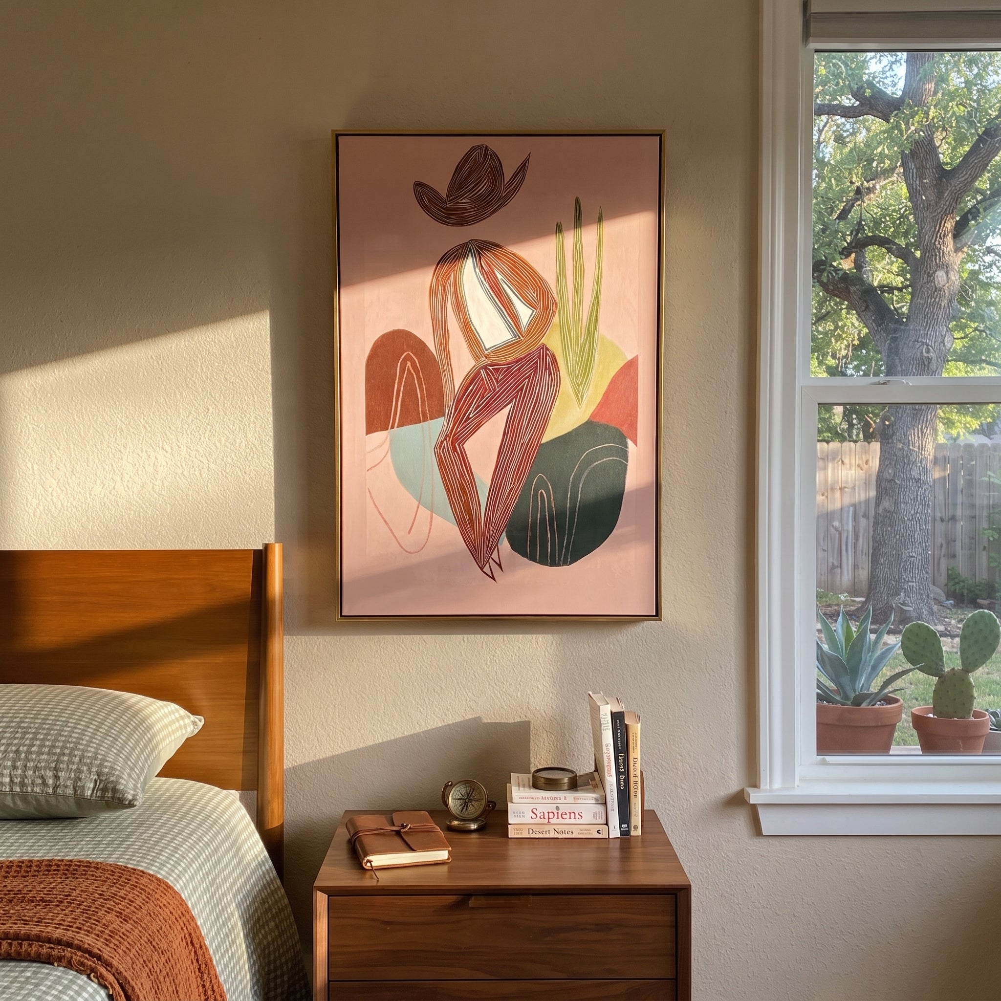 Striped Figure Holds Thought styled with warm modern furnishings