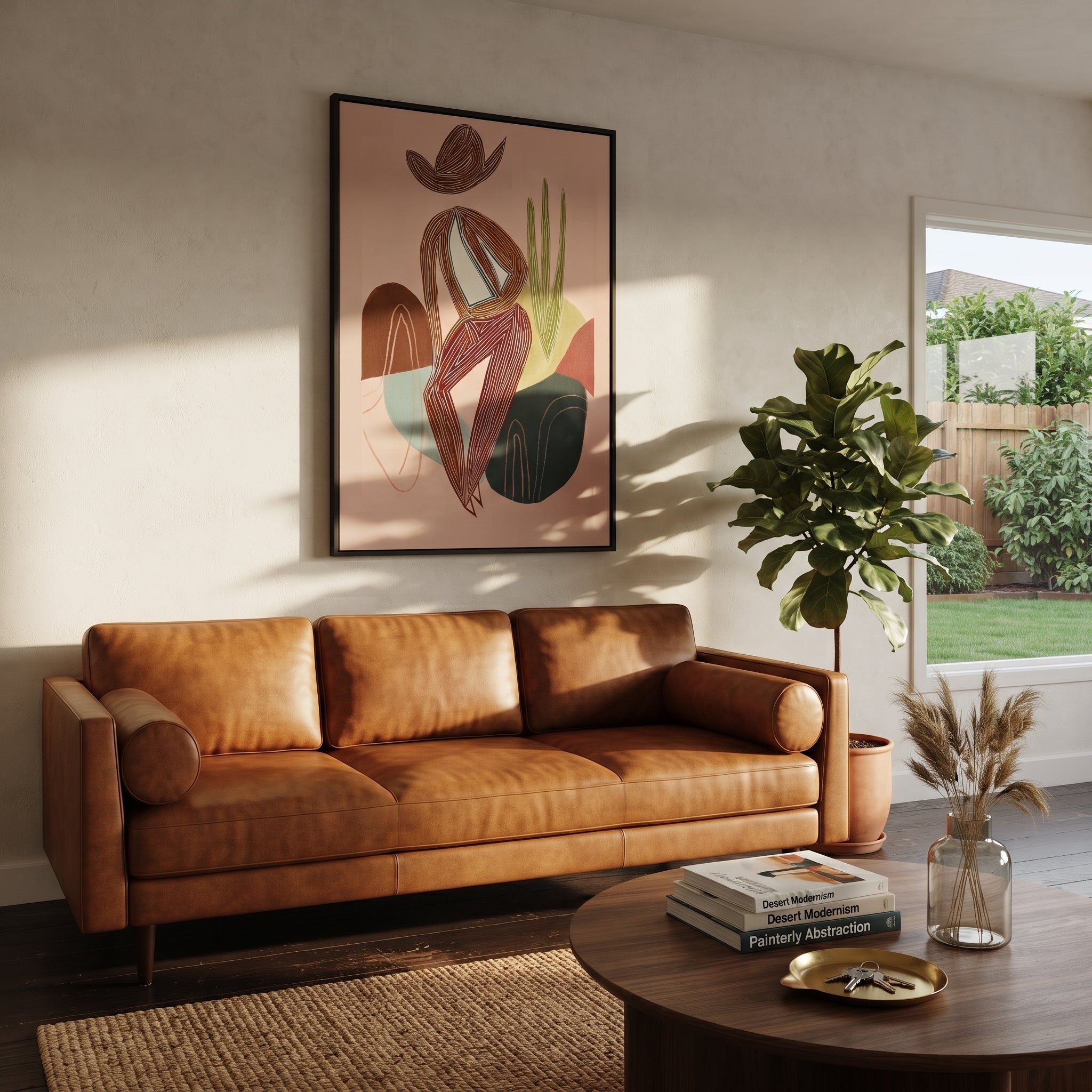 Striped Figure Holds Thought styled with wood, linen, and modern decor