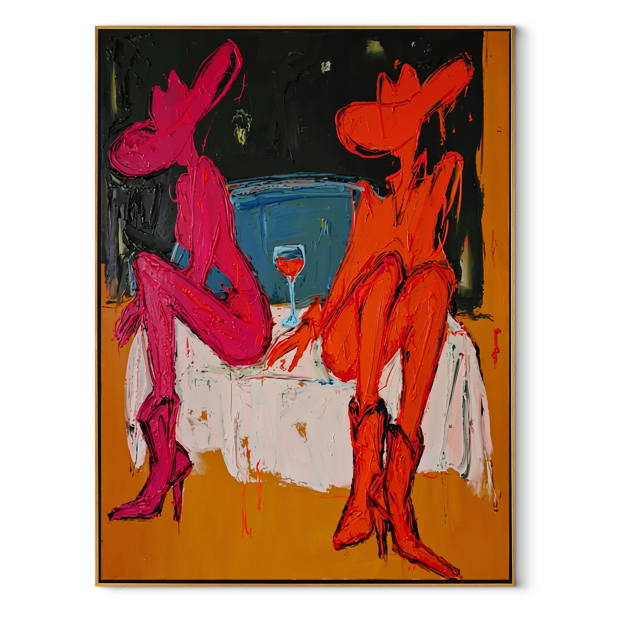 Two Cowgirls Trade Stories Western figurative painting, vertical canvas artwork
