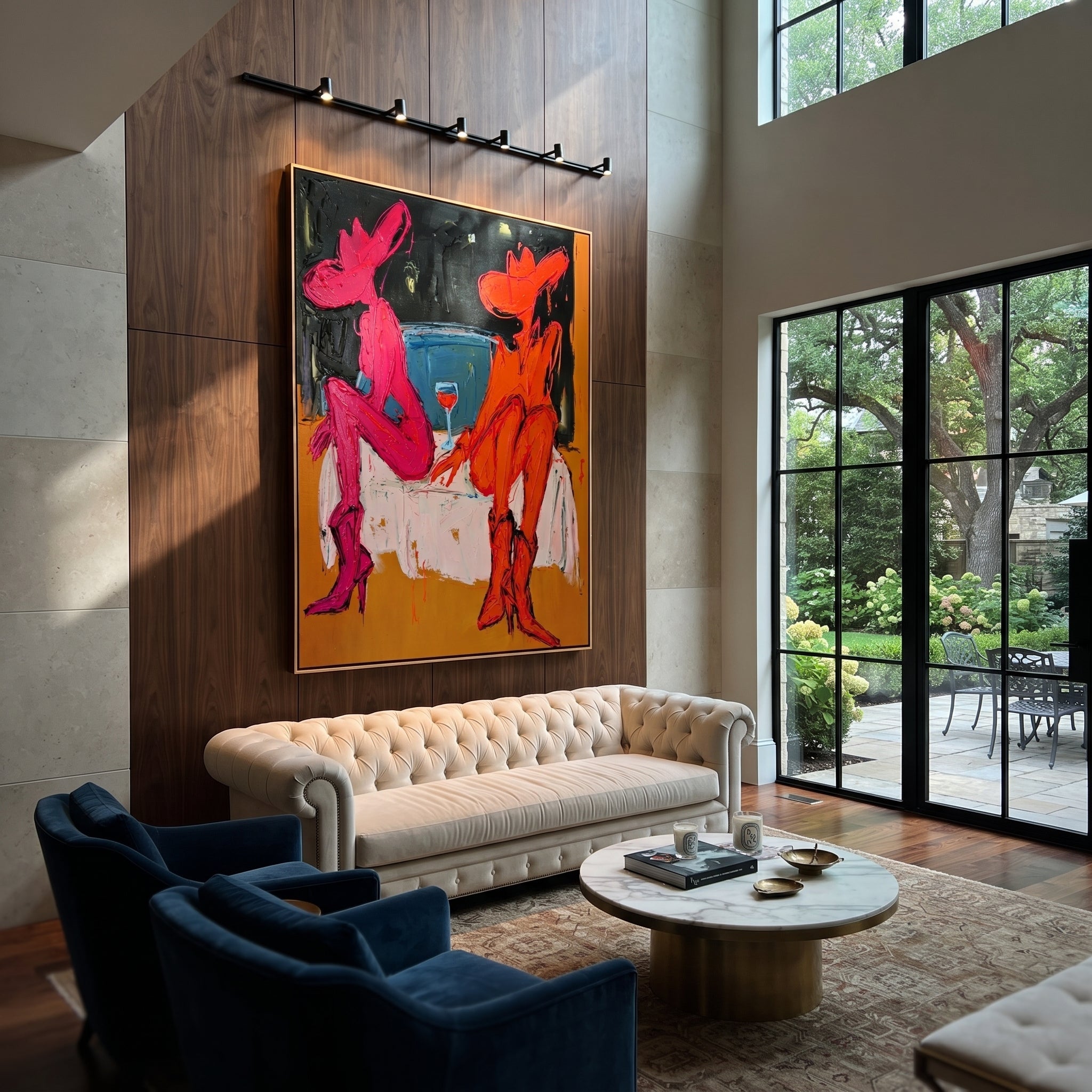 Two Cowgirls Trade Stories presented as a colorful interior focal point