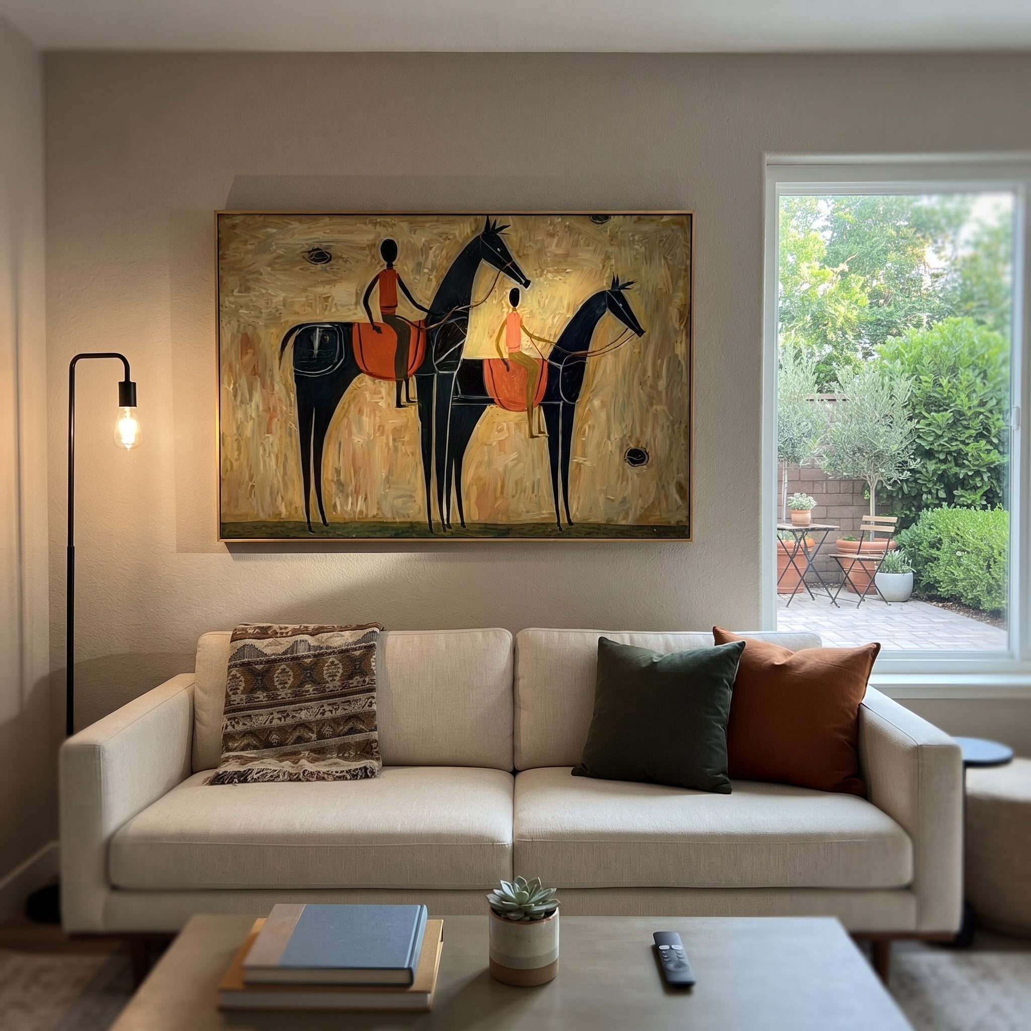 Two Riders Cross Ochre displayed in a collected contemporary interior