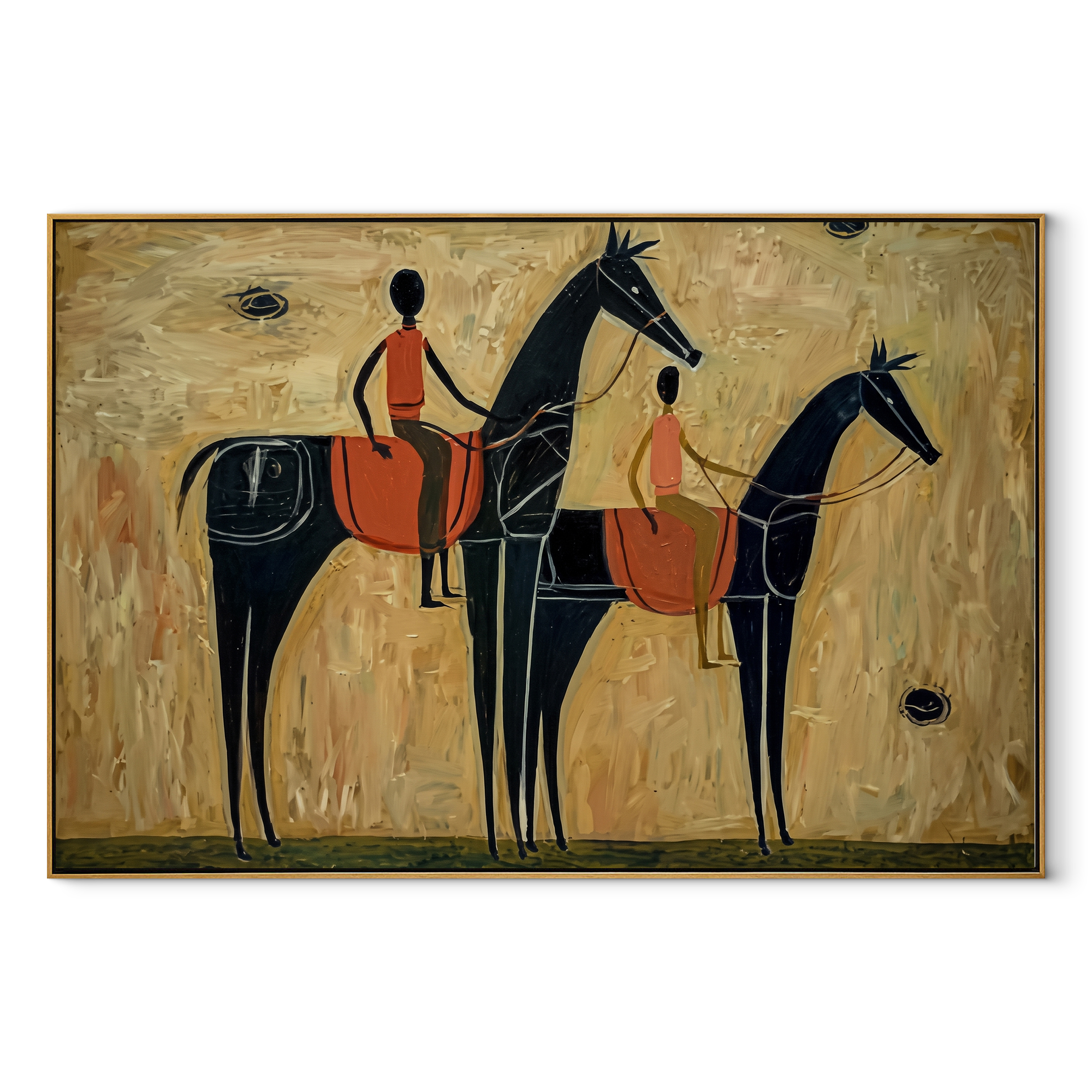 Two Riders Cross Ochre Western figurative painting, horizontal canvas artwork