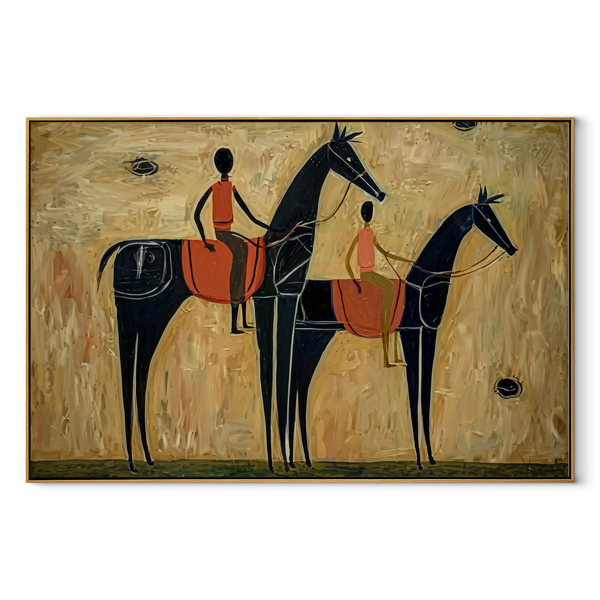 Two Riders Cross Ochre – Two Black Horse Riders | Contemporary Western Horizontal Wall Art