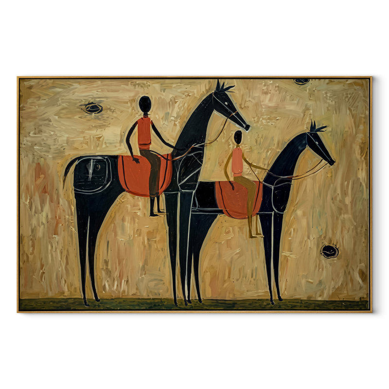 Two Riders Cross Ochre – Two Black Horse Riders | Contemporary Western Horizontal Wall Art