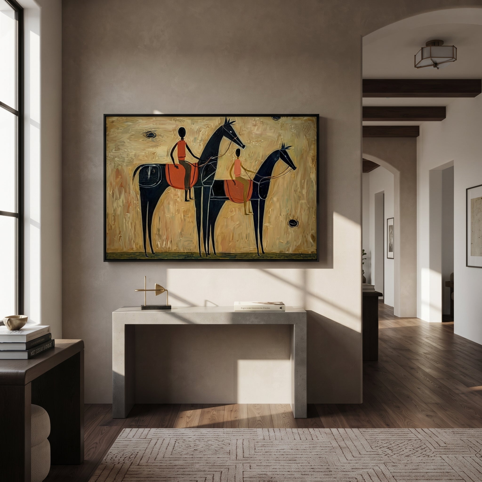 Two Riders Cross Ochre displayed in a layered residential setting