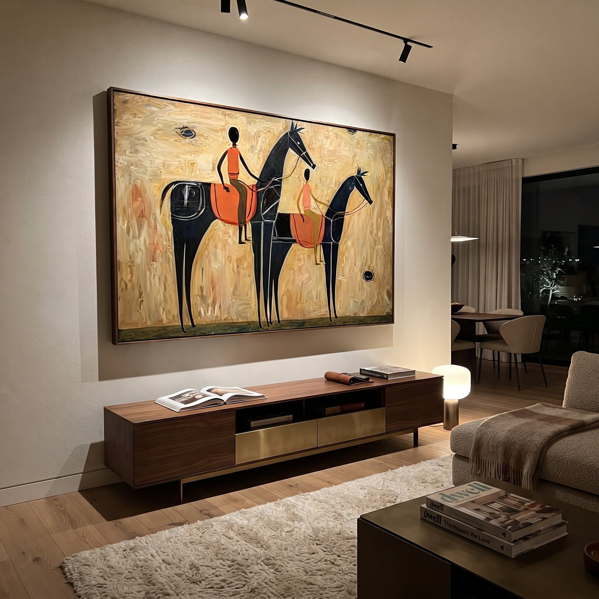 Two Riders Cross Ochre styled with wood, linen, and modern decor