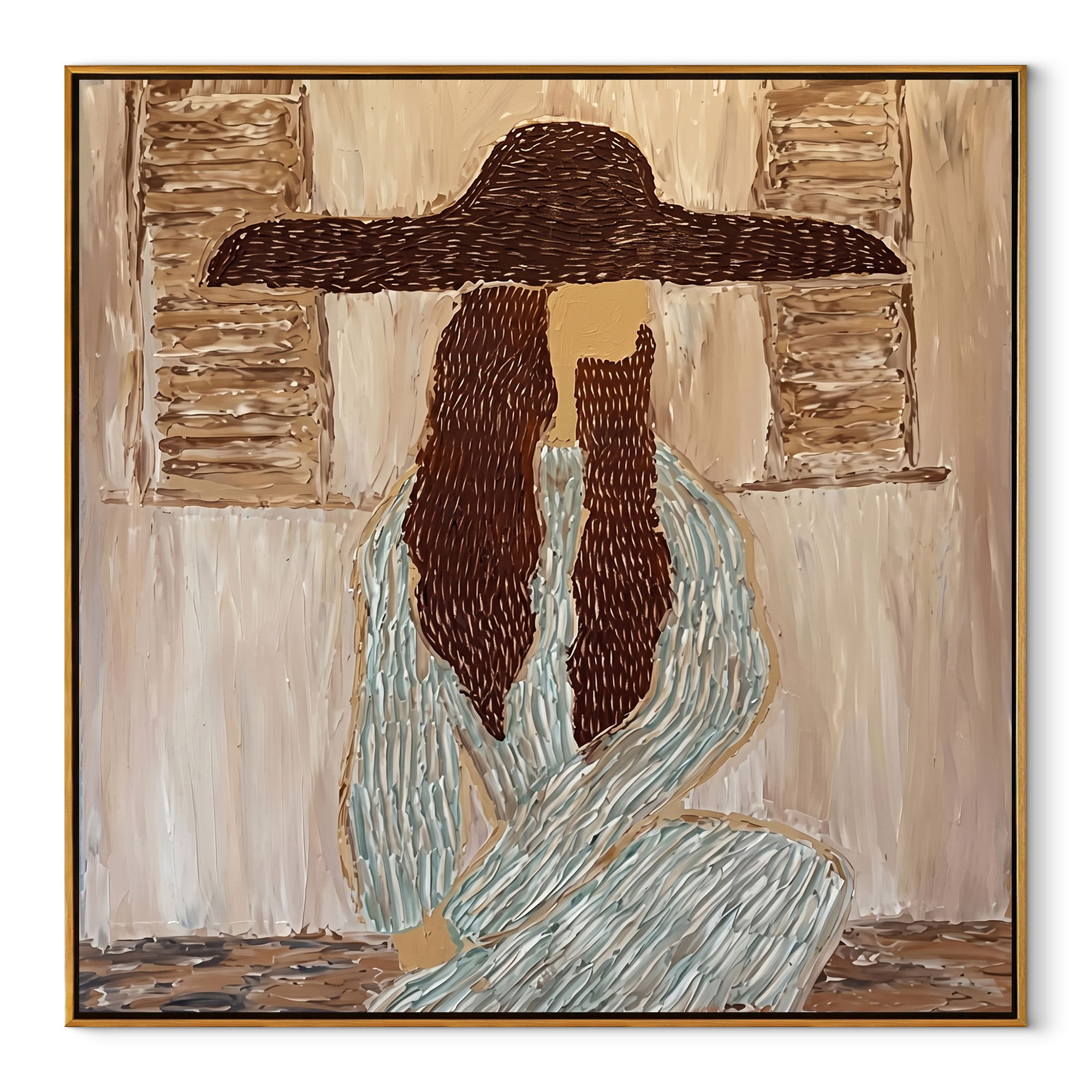 Braided Silence Waits Indoors Western figurative painting, square canvas artwork