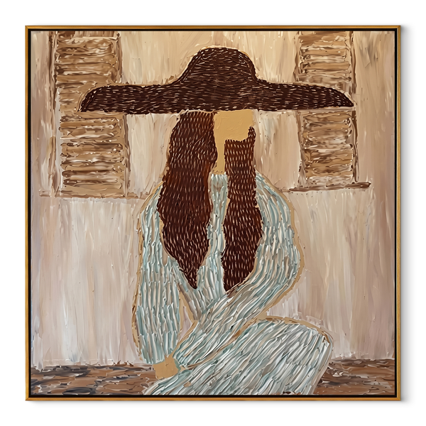 Braided Silence Waits Indoors – Cowgirl Under Hat Portrait | Contemporary Western Square Wall Art