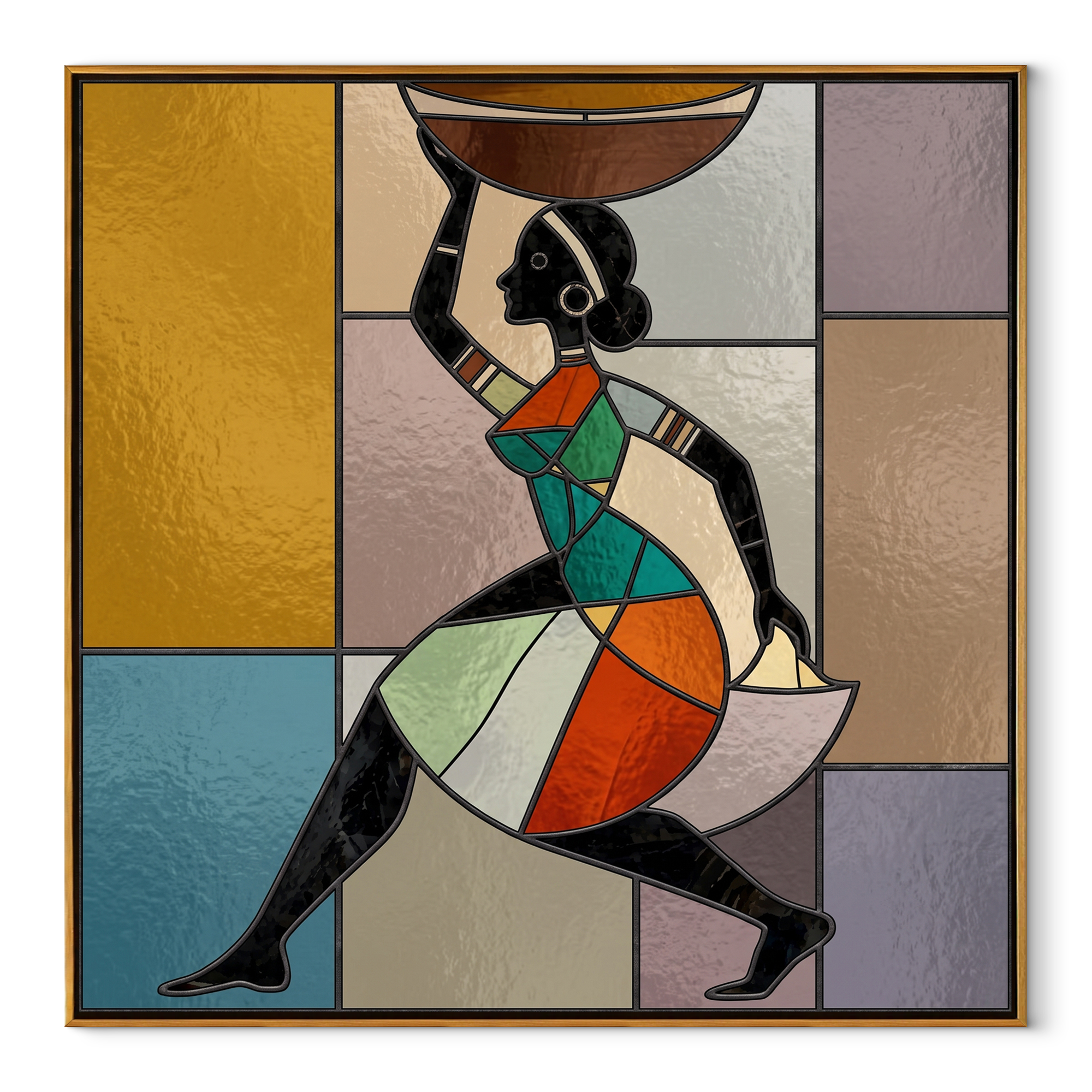 Painted Geometry Walks Forward Western figurative painting, square canvas artwork