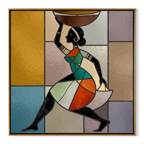 Painted Geometry Walks Forward – Geometric Woman Figure Painting | Contemporary Western Square Wall Art