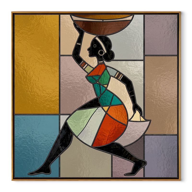 Painted Geometry Walks Forward – Geometric Woman Figure Painting | Contemporary Western Square Wall Art