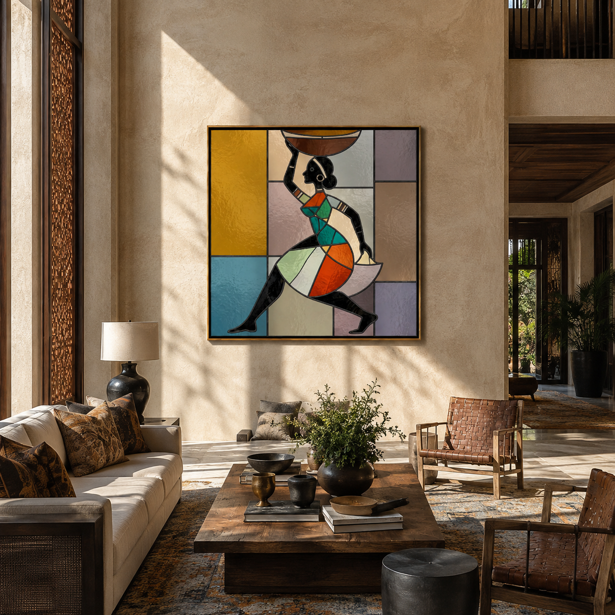 Painted Geometry Walks Forward presented as a colorful interior focal point