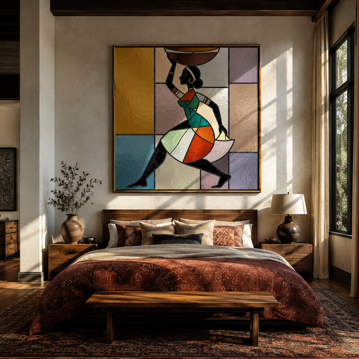 Painted Geometry Walks Forward displayed in a layered residential setting