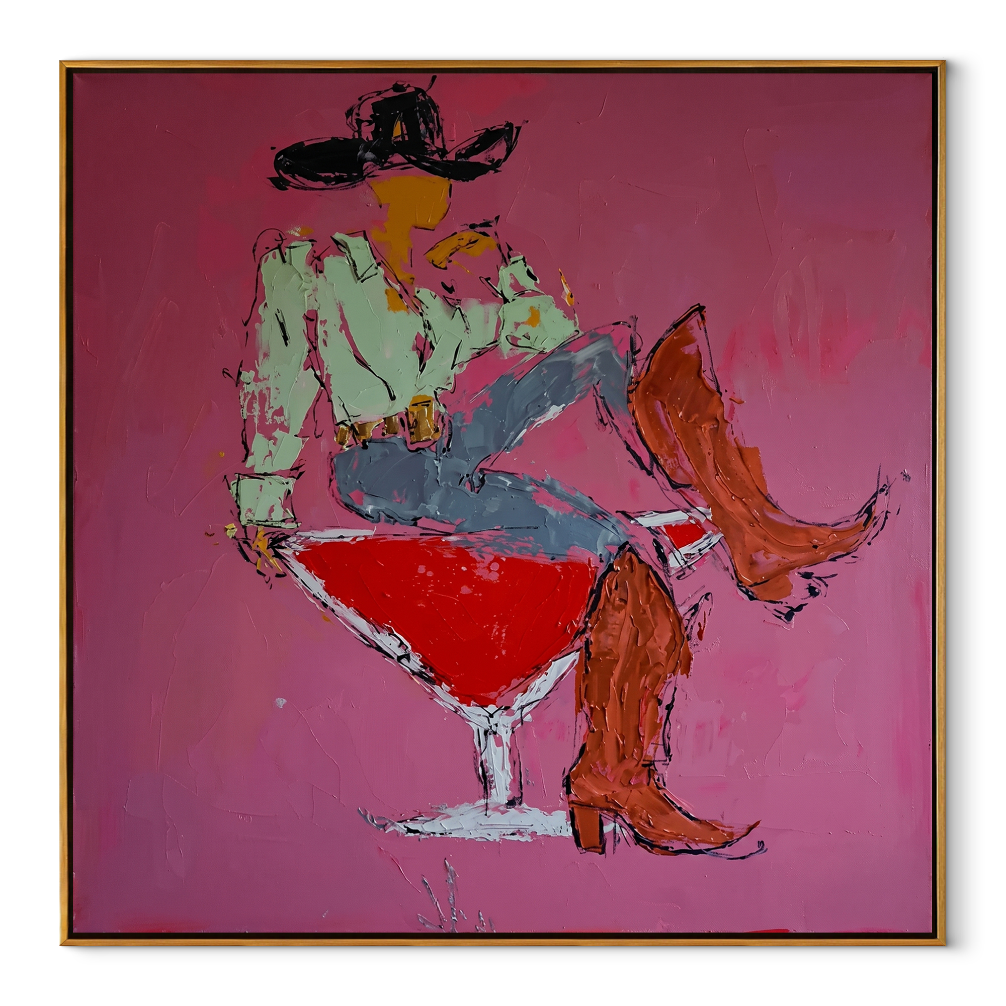 Red Glass Carries Denim Western figurative painting, square canvas artwork