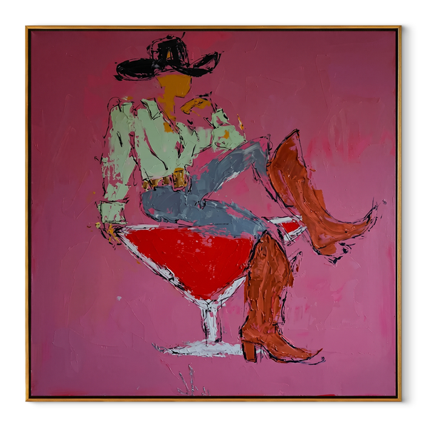 Red Glass Carries Denim – Cowboy Cocktail Glass Painting | Contemporary Western Square Wall Art