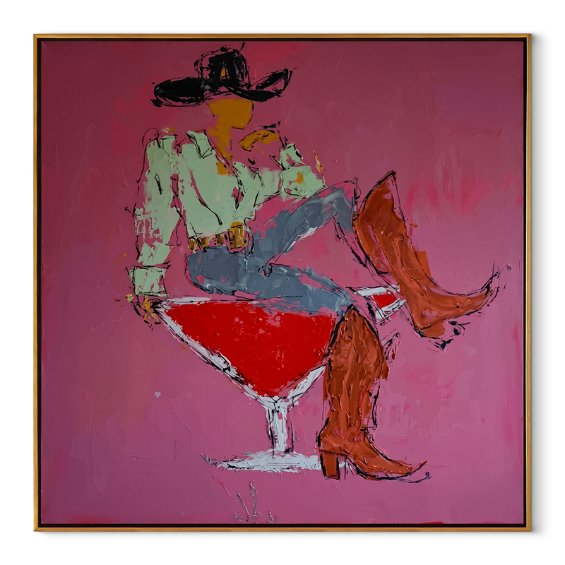 Red Glass Carries Denim – Cowboy Cocktail Glass Painting | Contemporary Western Square Wall Art