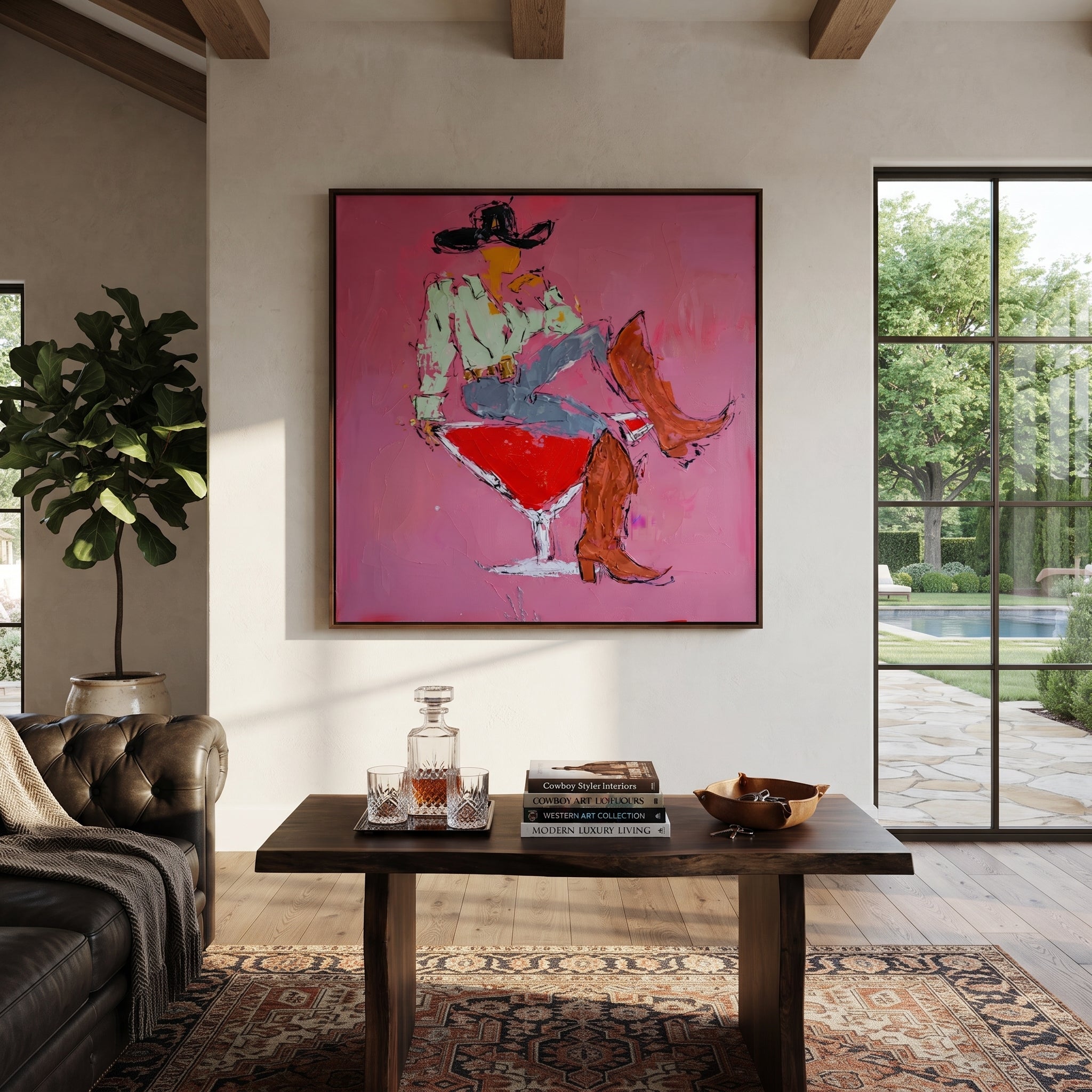Red Glass Carries Denim presented as a colorful interior focal point