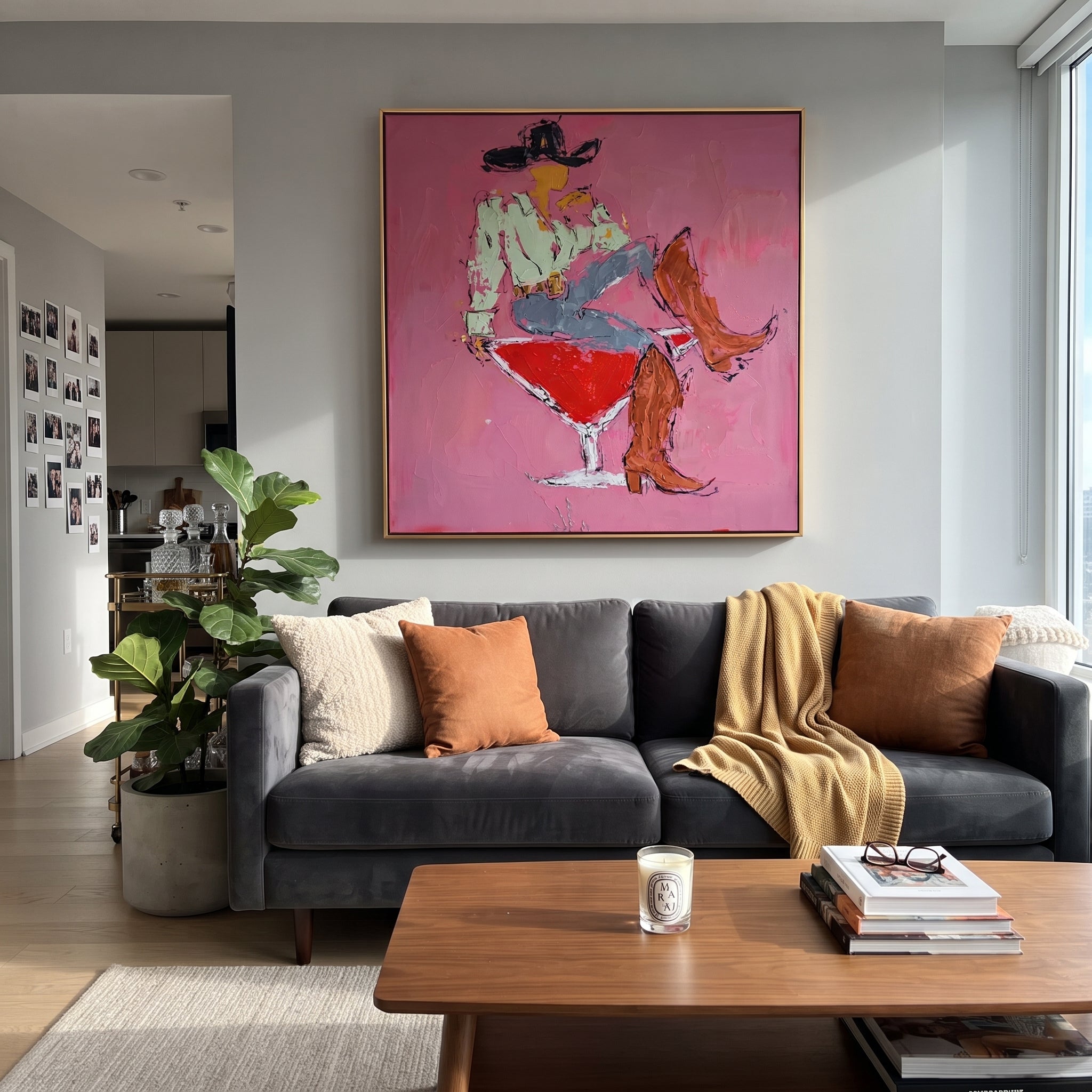 Red Glass Carries Denim styled with wood, linen, and modern decor