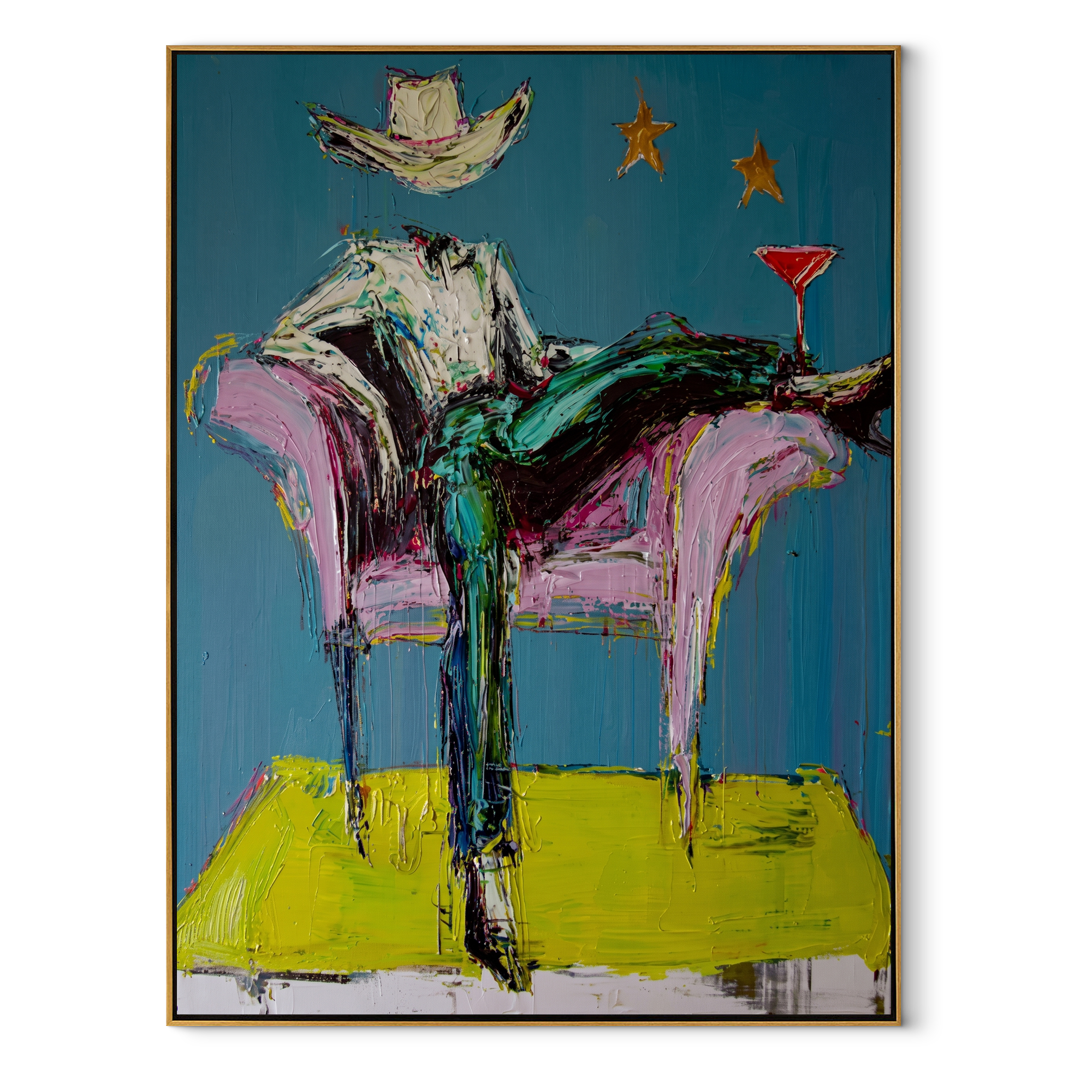 Blue Chair Catches Breath Western figurative painting, vertical canvas artwork