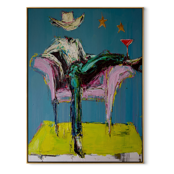 Blue Chair Catches Breath – Reclining Cowboy Chair Painting | Contemporary Western Vertical Wall Art