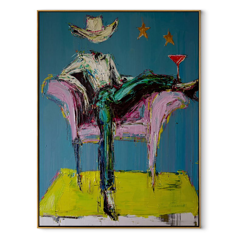 Blue Chair Catches Breath – Reclining Cowboy Chair Painting | Contemporary Western Vertical Wall Art
