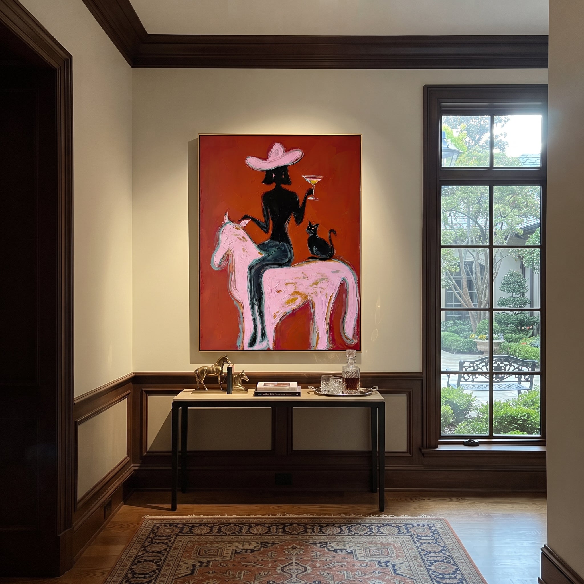 Black Cat Follows Pink displayed in a collected contemporary interior