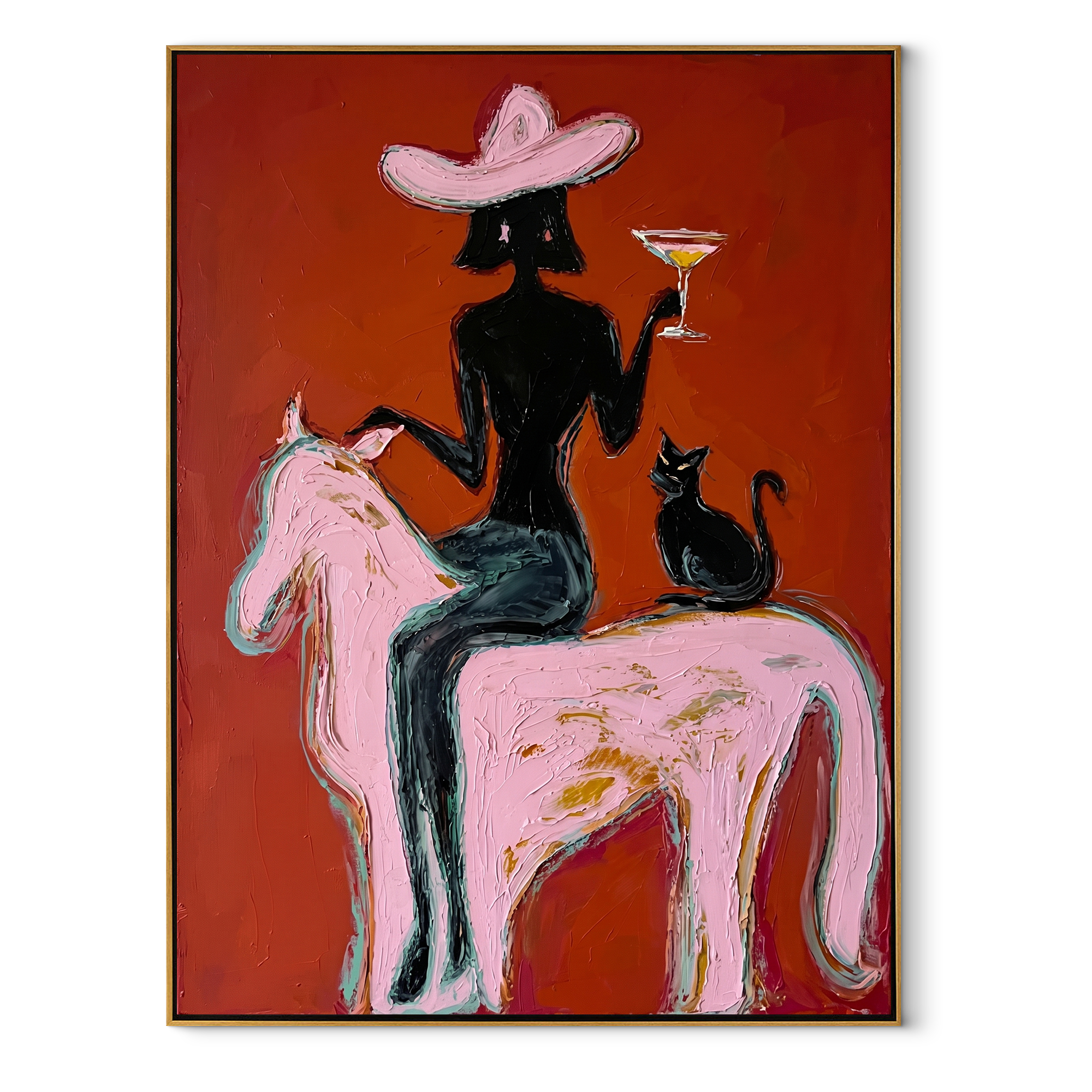 Black Cat Follows Pink Western figurative painting, vertical canvas artwork