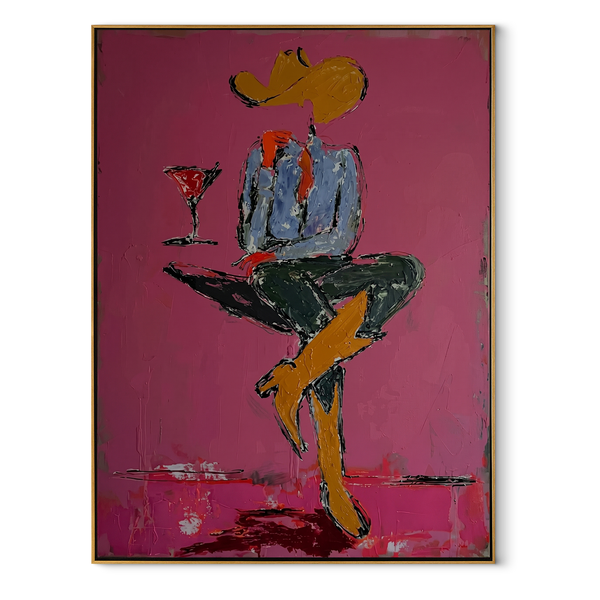 Crossed Legs Hold Evening – Seated Cowboy Drink Painting | Contemporary Western Vertical Wall Art