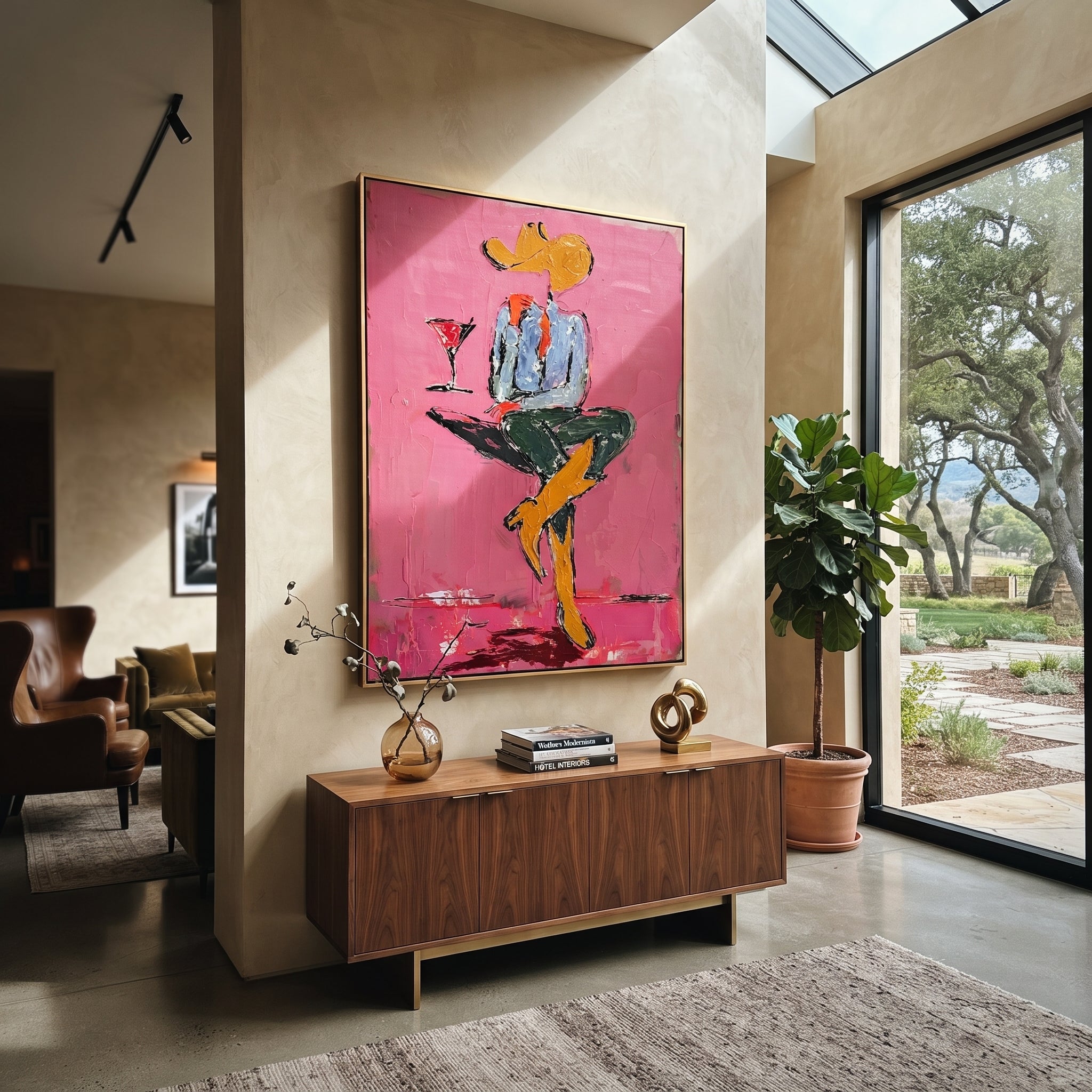 Crossed Legs Hold Evening styled with warm modern furnishings