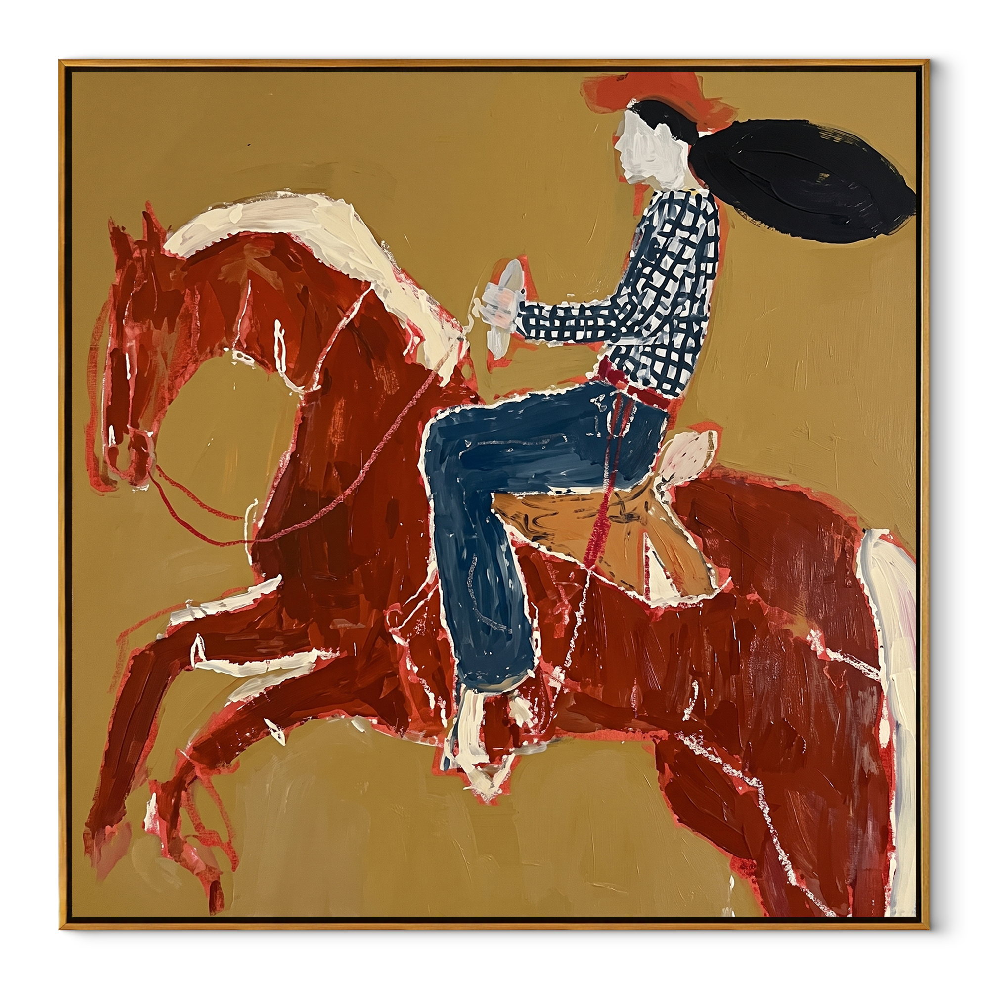 Twin Red Horses Leap Western figurative painting, square canvas artwork