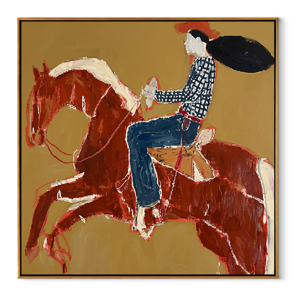 Twin Red Horses Leap – Rider Two Horse Painting | Contemporary Western Square Wall Art
