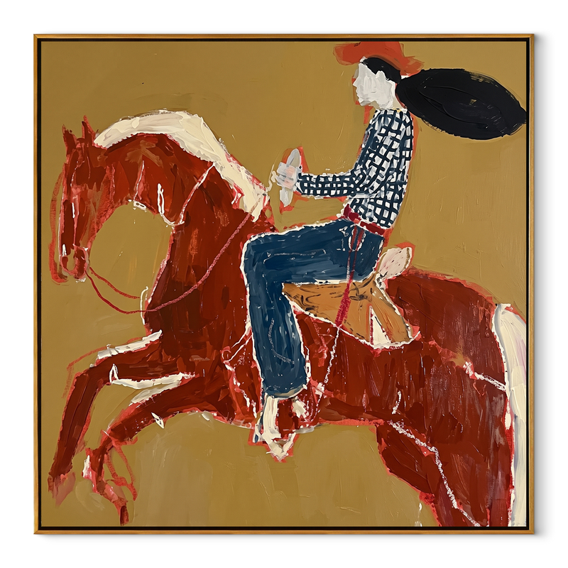 Twin Red Horses Leap – Rider Two Horse Painting | Contemporary Western Square Wall Art