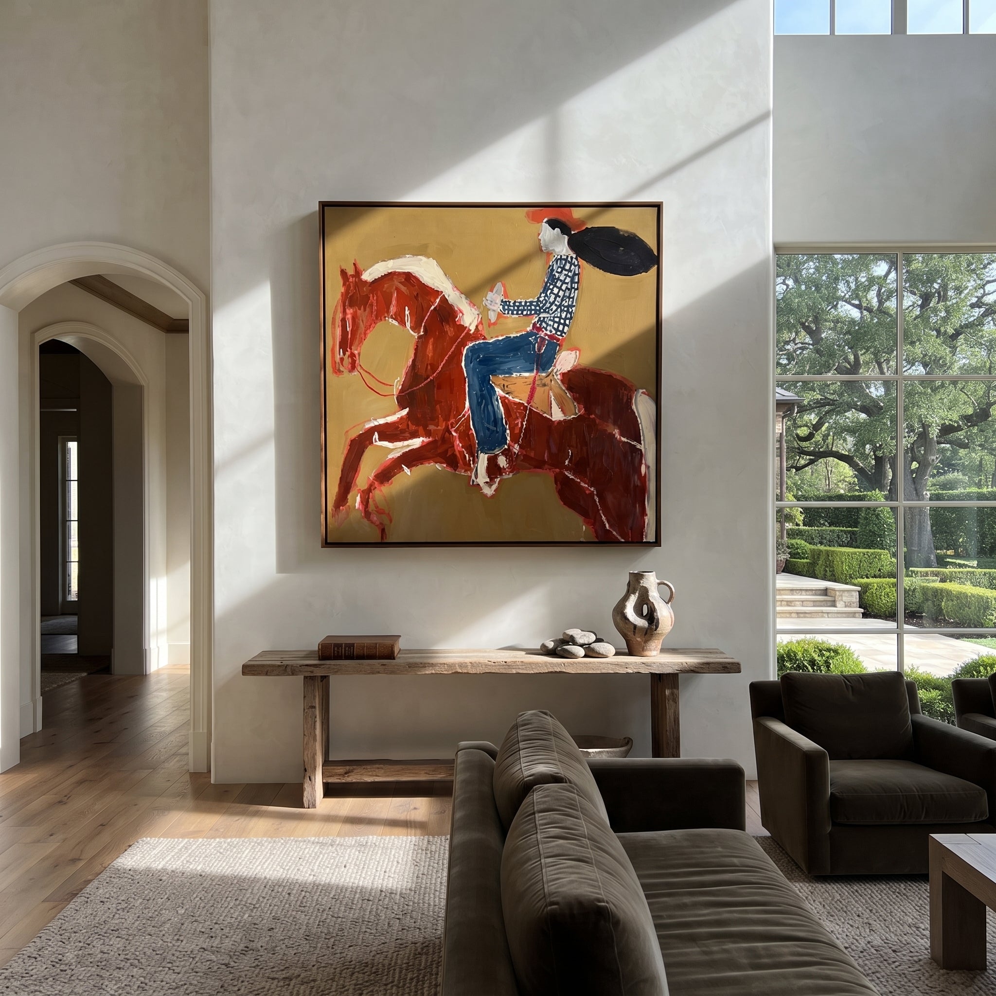 Twin Red Horses Leap presented as a colorful interior focal point