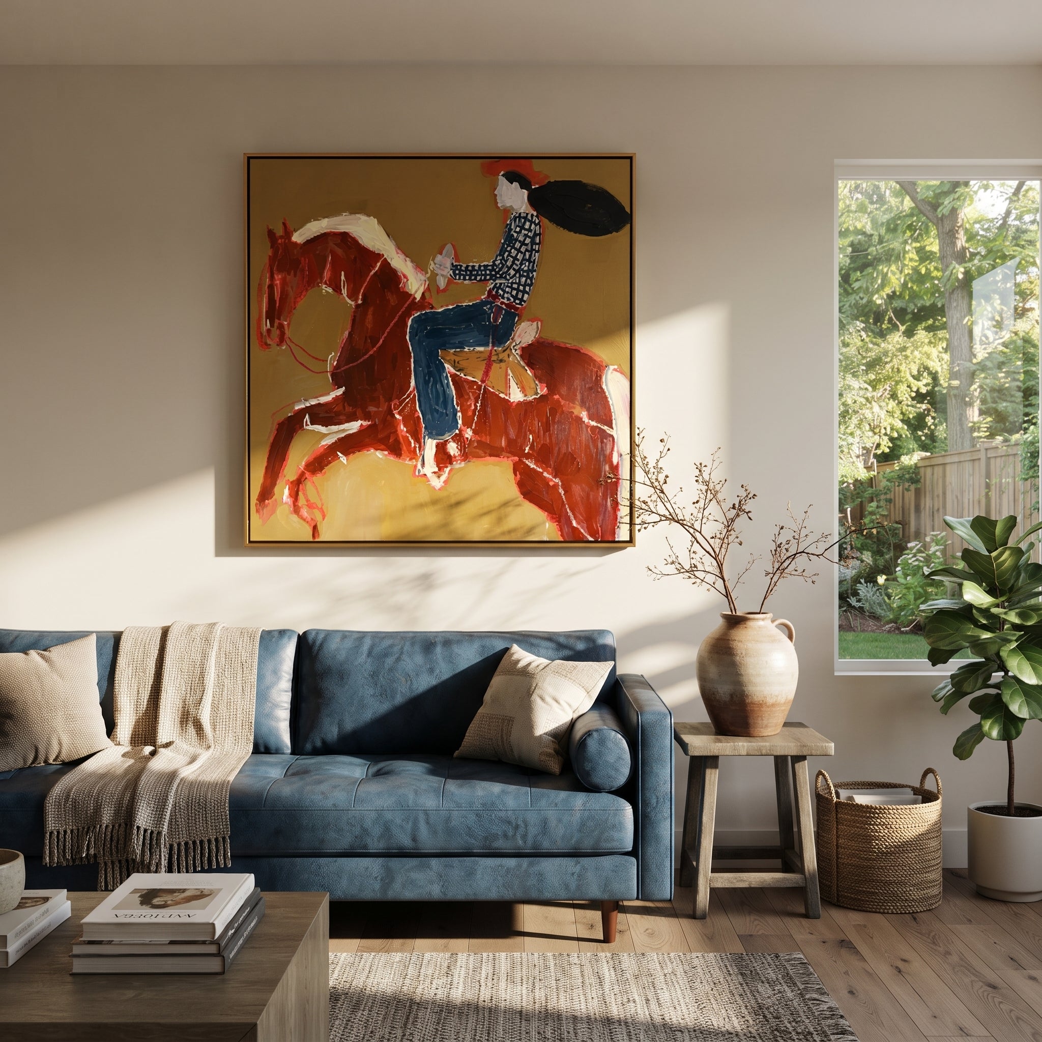 Twin Red Horses Leap displayed in a layered residential setting
