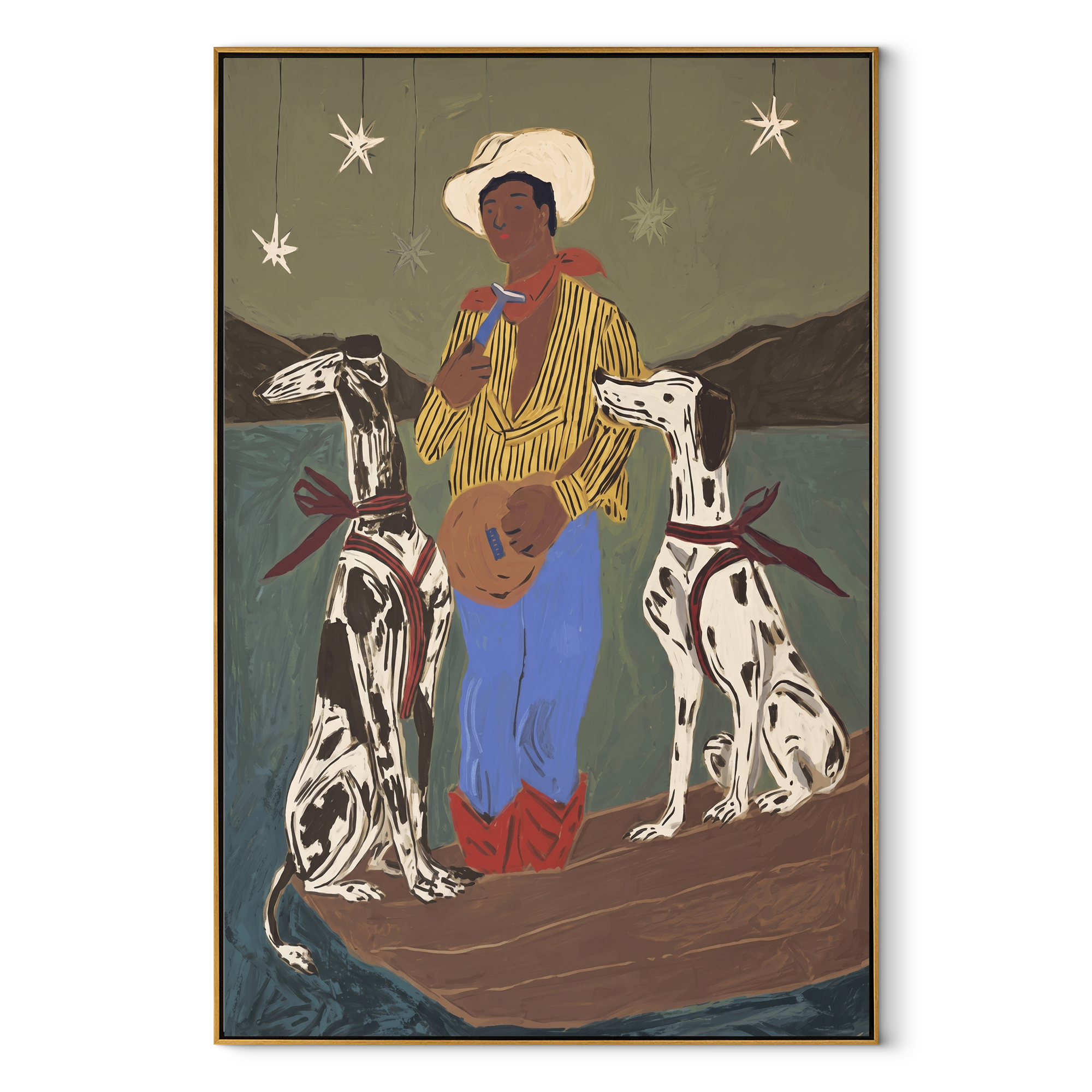 Two Hounds Guard Starlight Western figurative painting, vertical canvas artwork