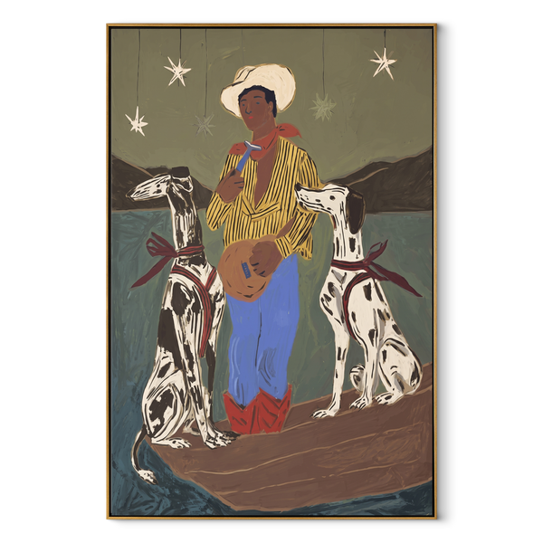 Two Hounds Guard Starlight – Cowboy with Two Dogs Painting | Contemporary Western Vertical Wall Art