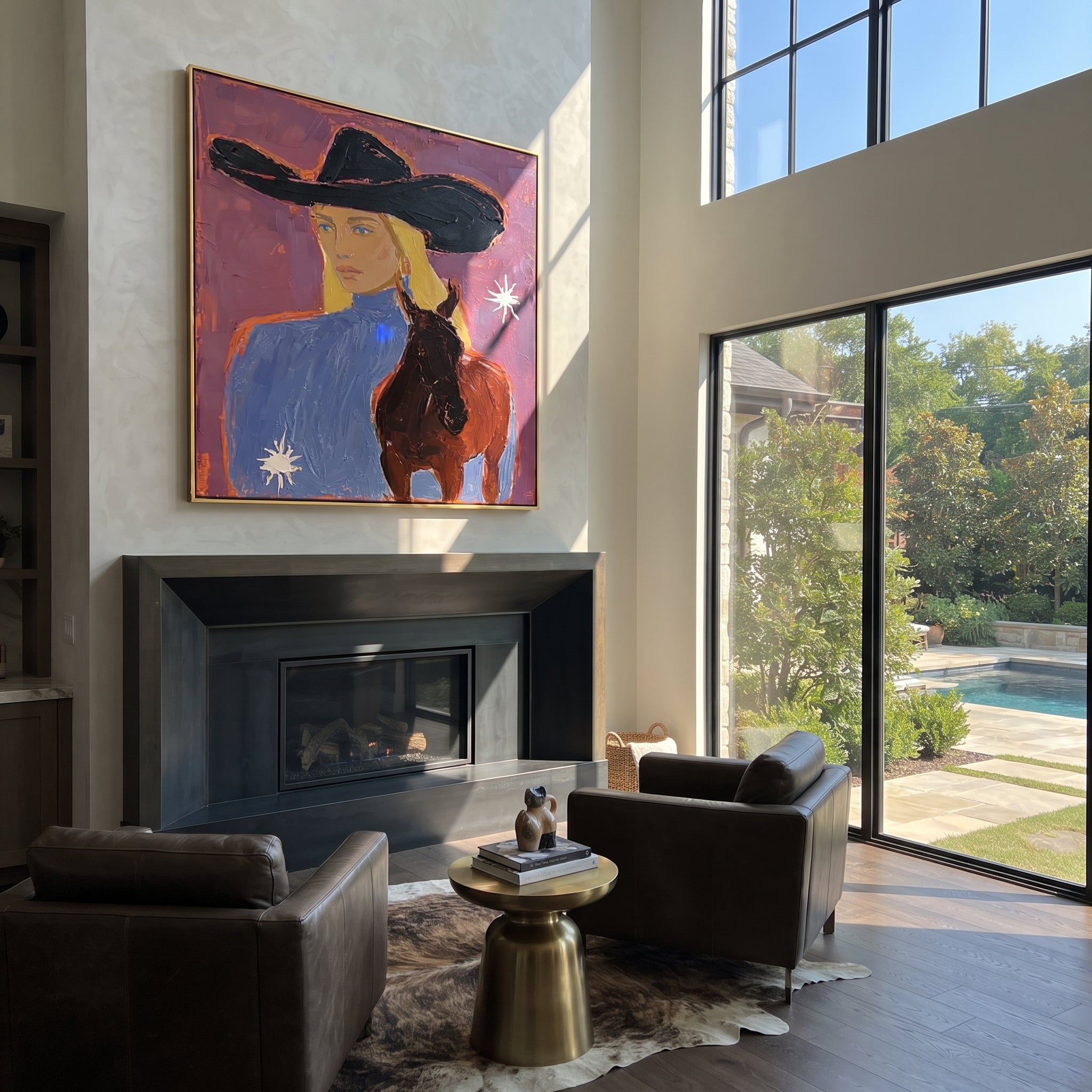 Blonde Rider Meets Shadow displayed in a collected contemporary interior
