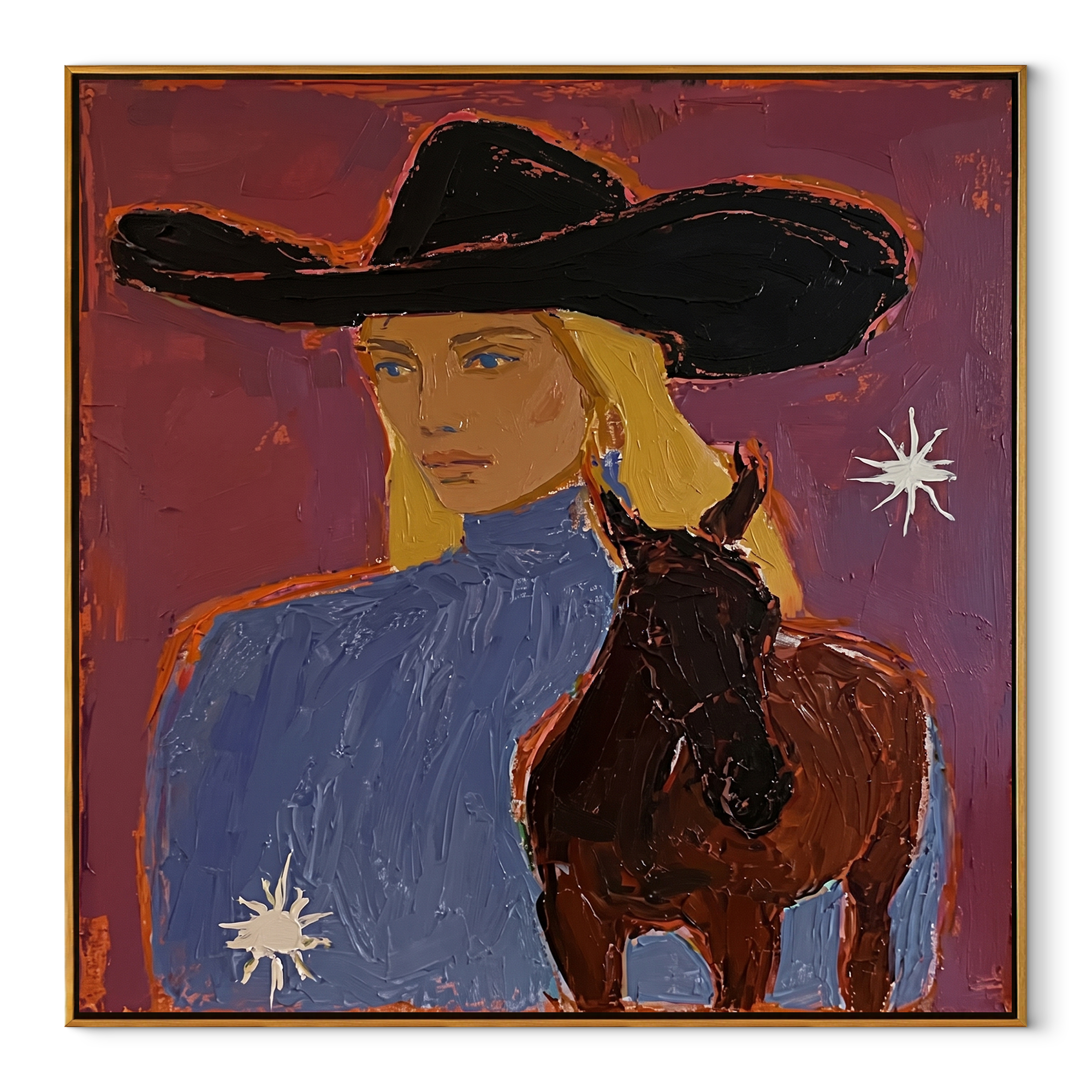 Blonde Rider Meets Shadow Western figurative painting, square canvas artwork
