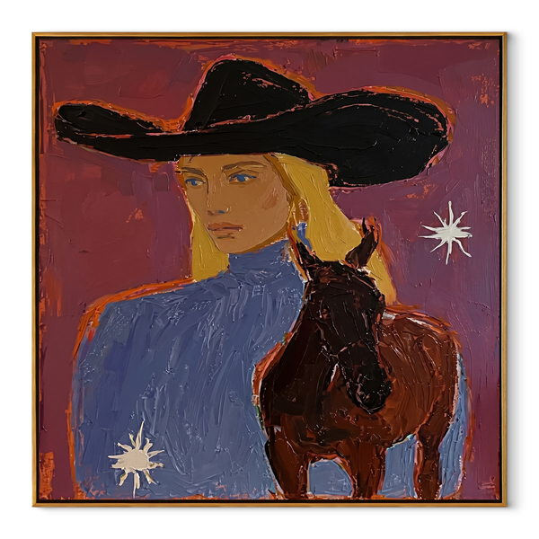 Blonde Rider Meets Shadow – Cowgirl Black Horse Portrait | Contemporary Western Square Wall Art