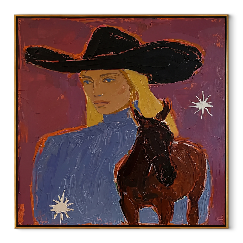 Blonde Rider Meets Shadow – Cowgirl Black Horse Portrait | Contemporary Western Square Wall Art
