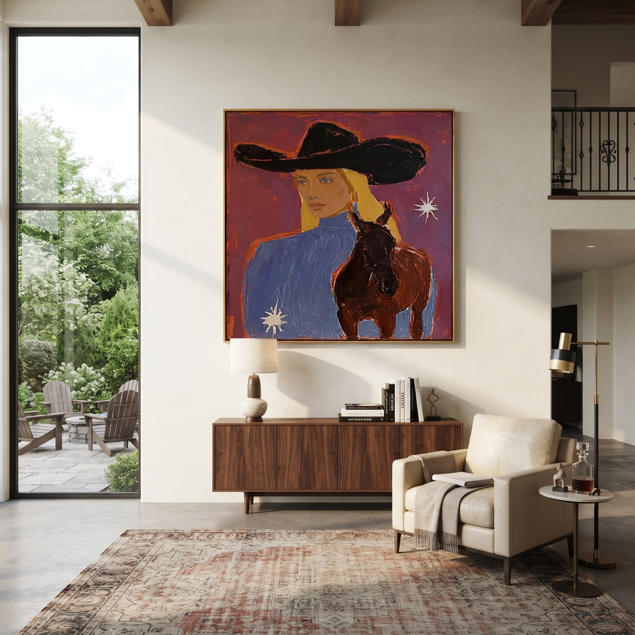 Blonde Rider Meets Shadow styled with warm modern furnishings